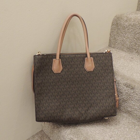 Michael Kors Studded Signature Tote Satchel Crossbody Brown Tan Logo Bag - Picture 6 of 11